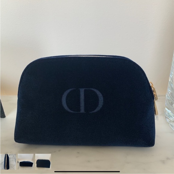 Dior Pouch Bag Cosmetic Case Purse Navy Velvet Logo Gold Zippers NEW - Picture 2 of 5